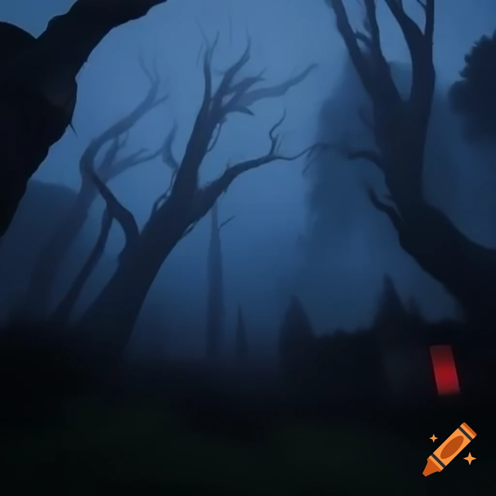 Dark misty forest at twilight with shadowy trees and abandoned buildings