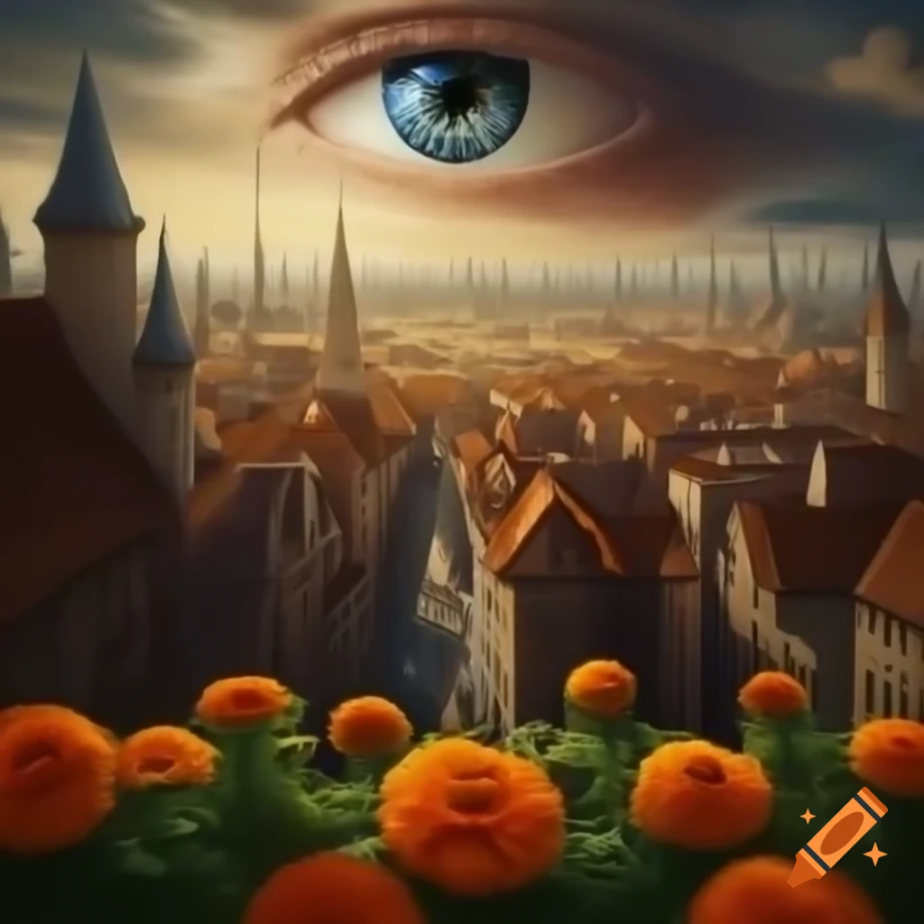 Medieval cityscape with cobblestone streets and pointed rooftops under vibrant sky