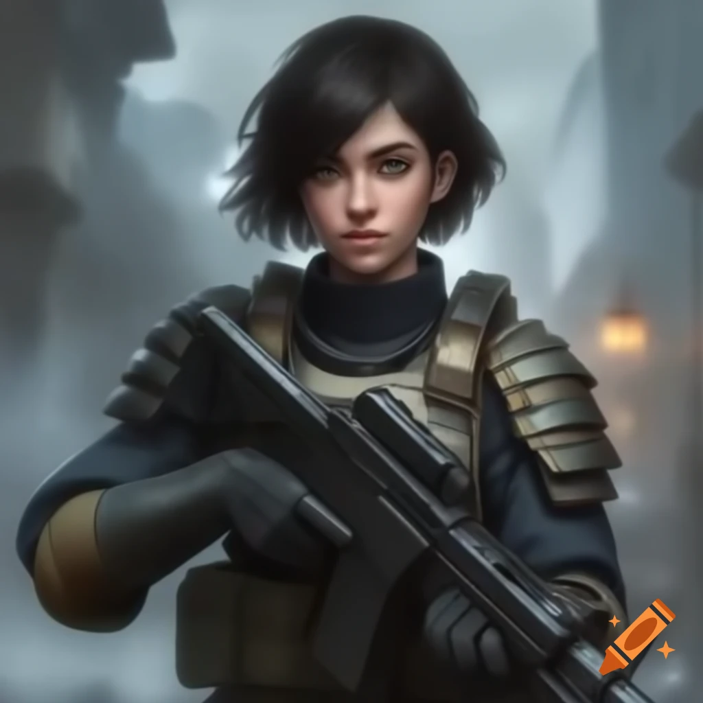 Armor-clad young woman in tactical wear with modern firearm, ready for action