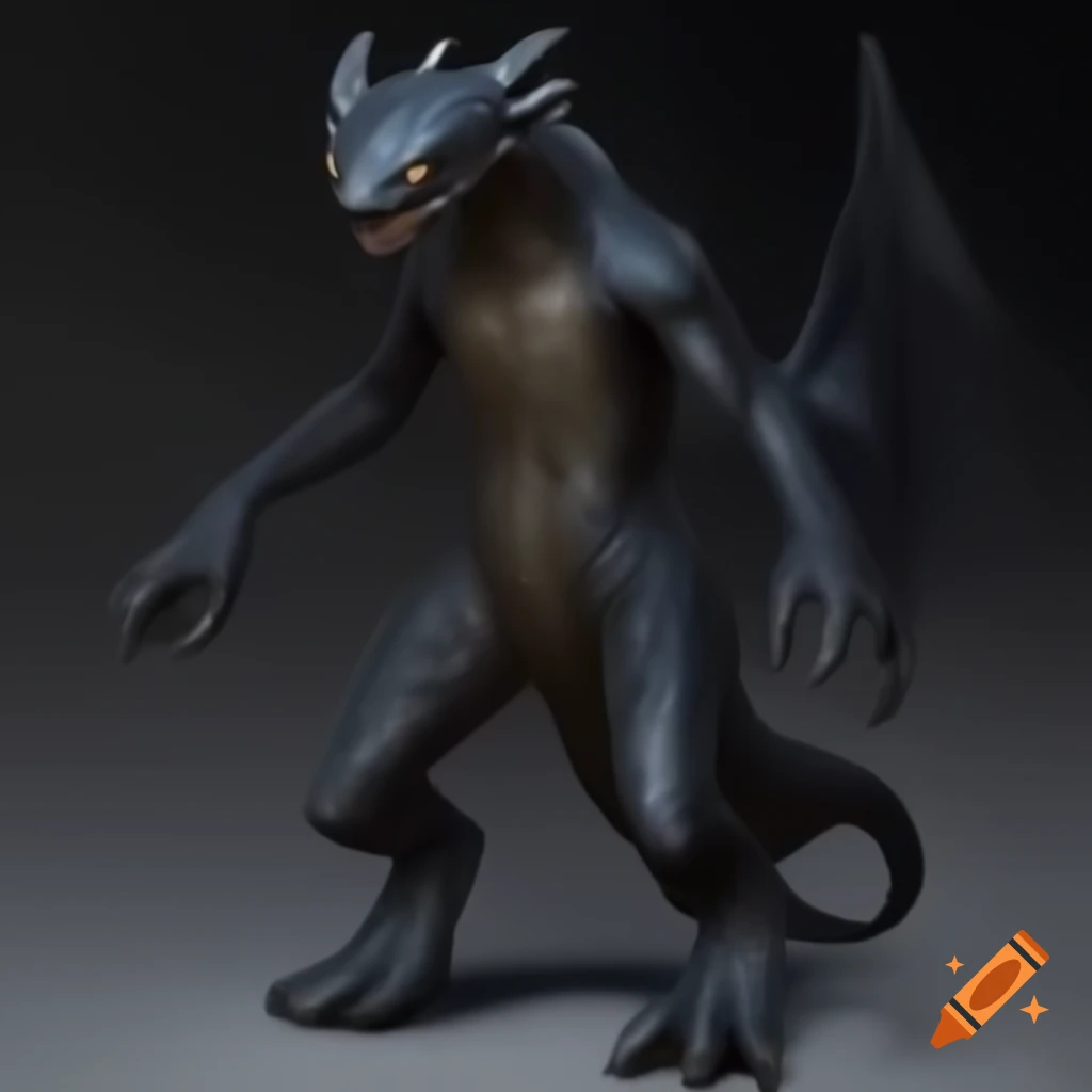 Humanoid toothless dragon creature with digitigrade legs and human-like posture