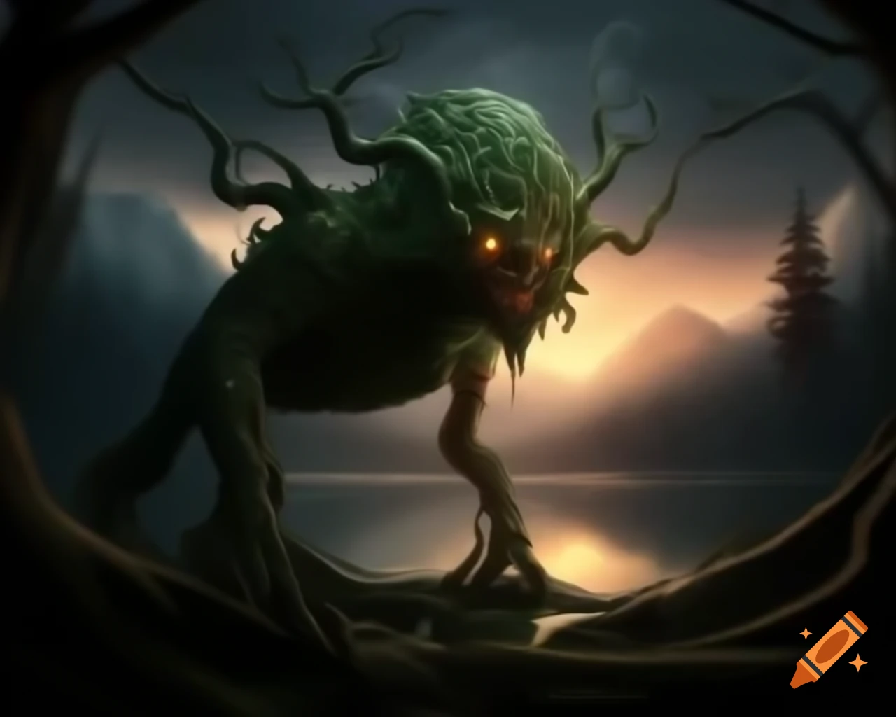 Tree monster in dark fantasy forest near mountain lake