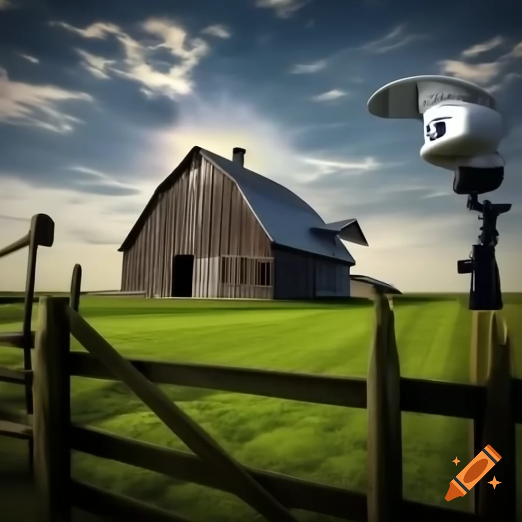 Old barn with surveillance camera in green yard under sunlit storm clouds