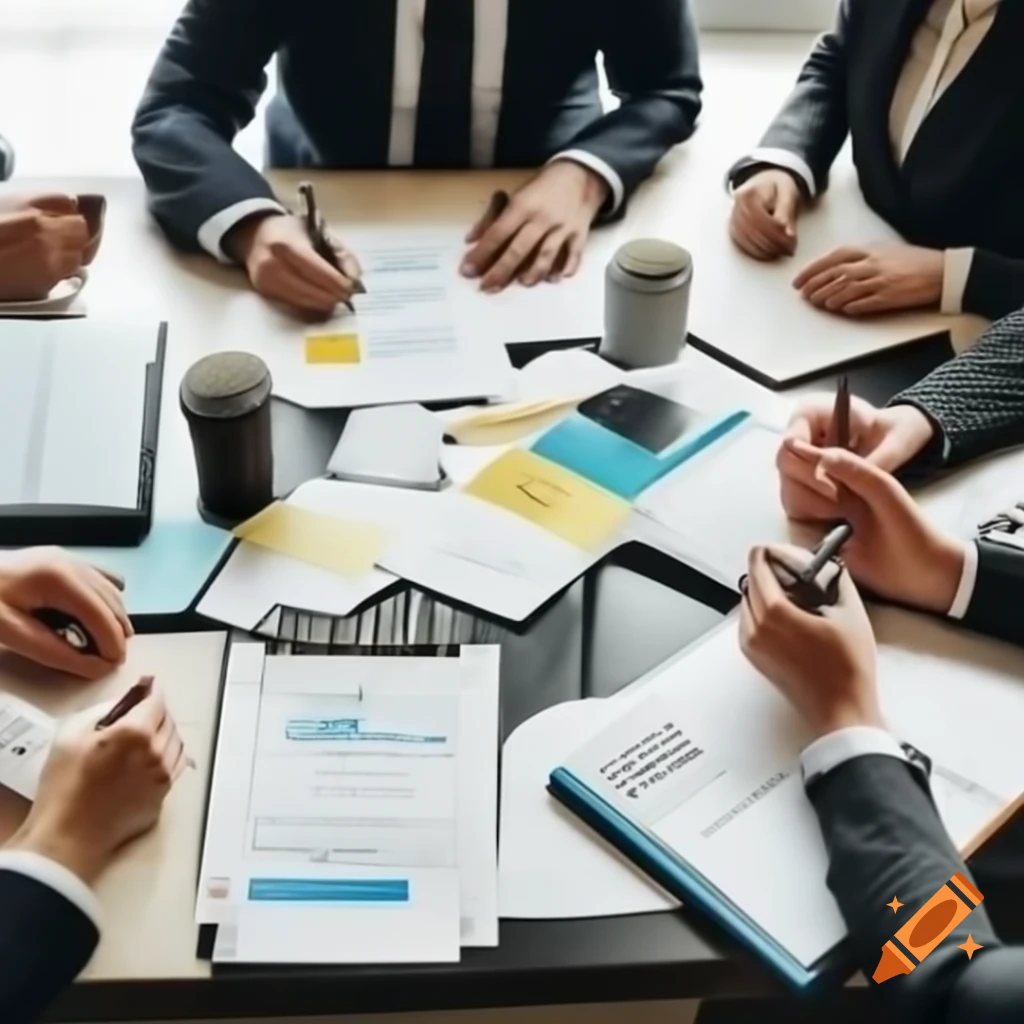 Business training environment showcasing certification process with documents and quality symbols