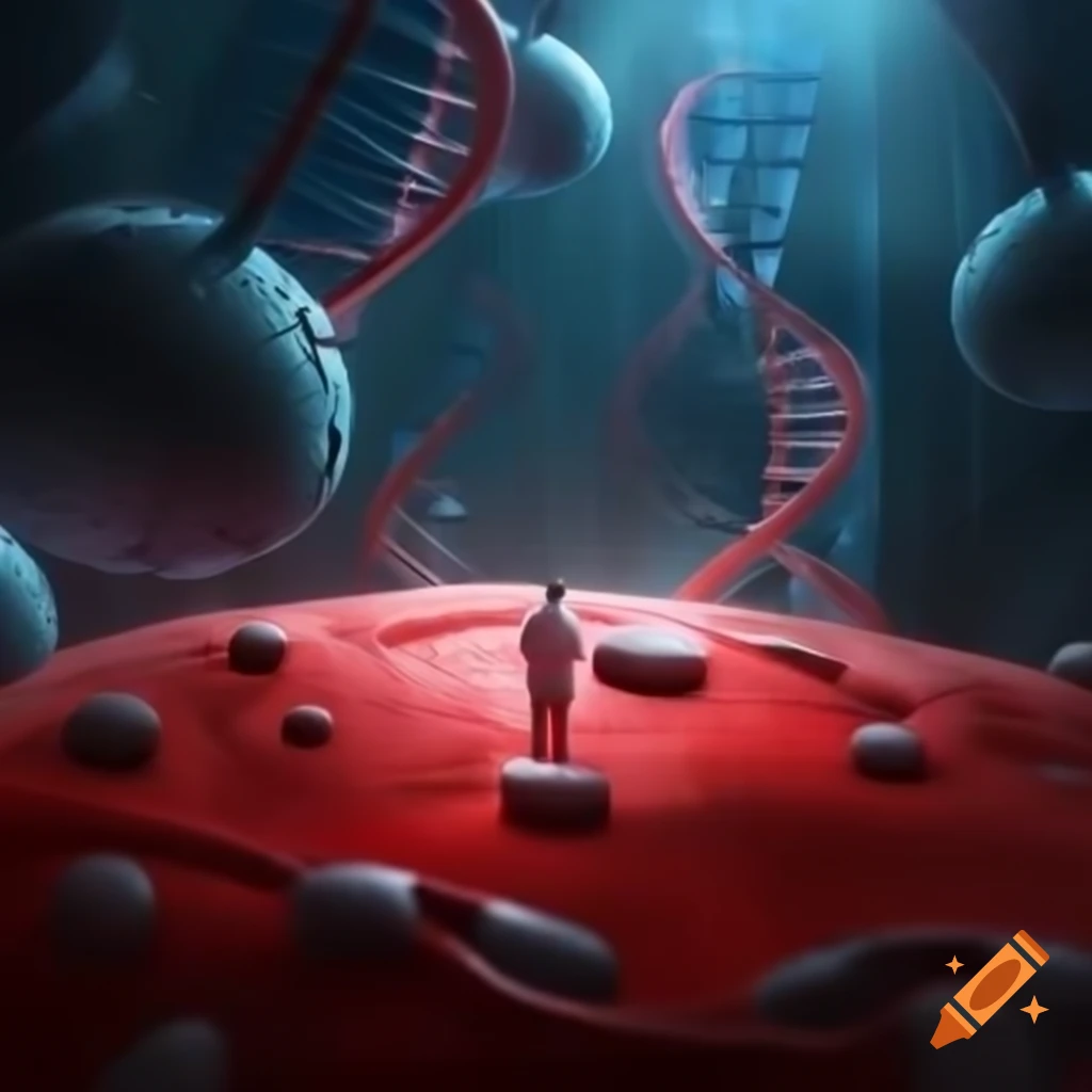 Scientists on red blood cell in futuristic laboratory with floating DNA molecules