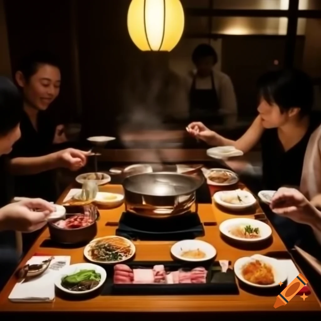 Japanese restaurant scene with hot pot, warm inviting atmosphere and people enjoying meals