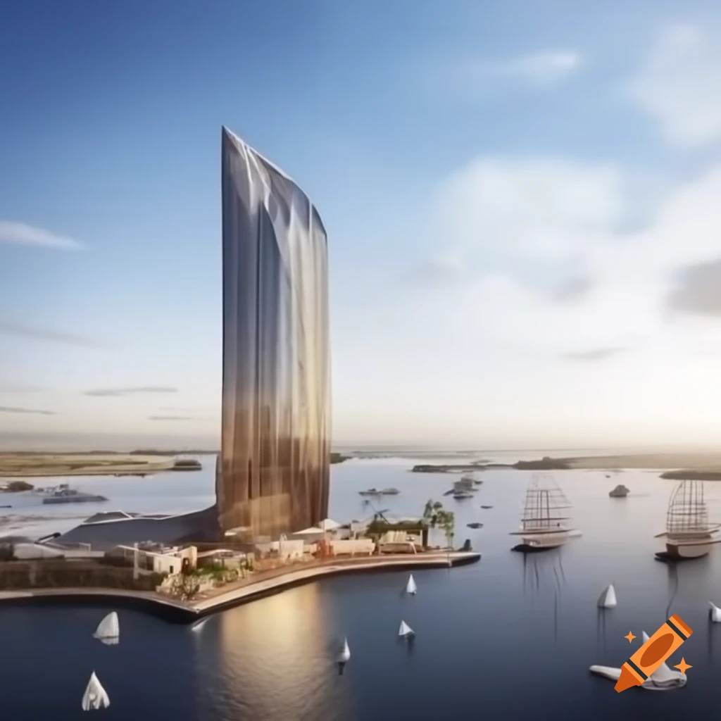 Small skyscraper with shops and hotel inspired by sailboats and marina lighthouse