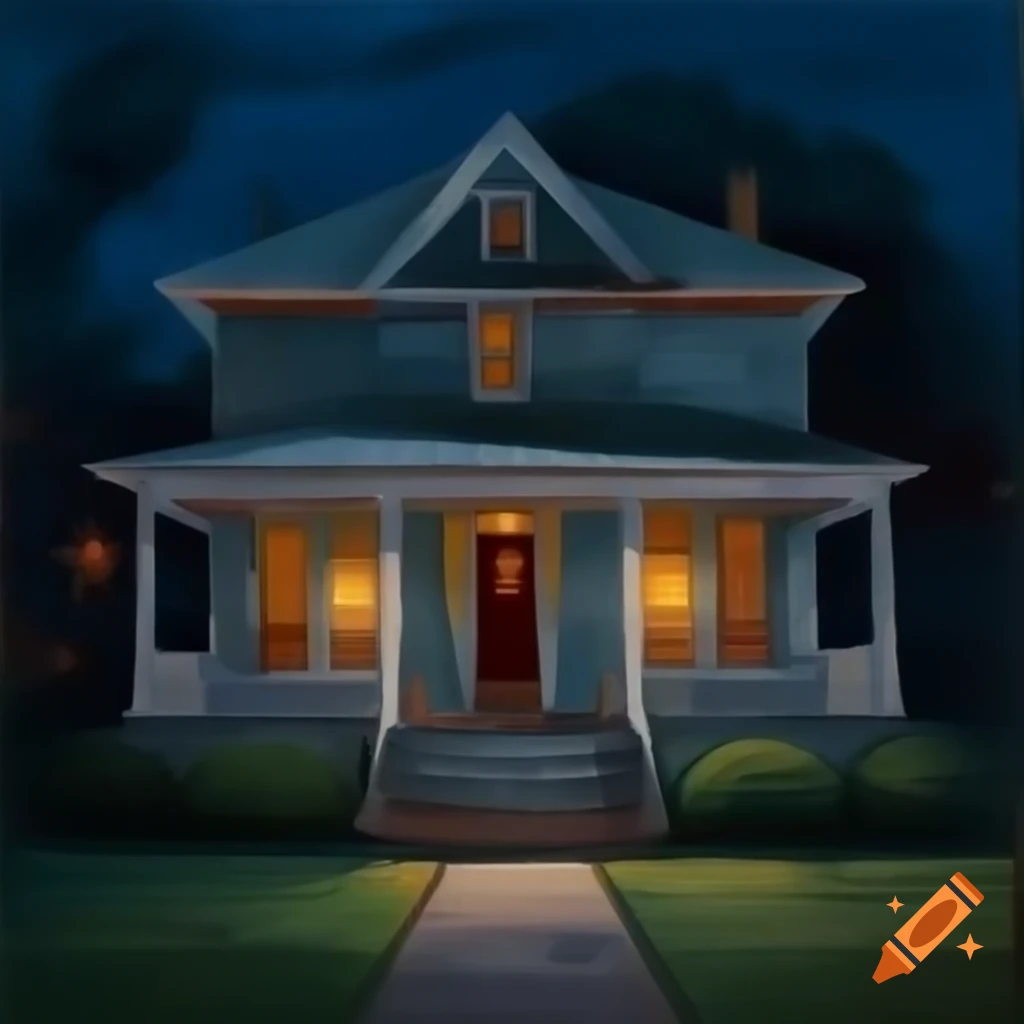 Painting of old house front porch at night, 1930s style