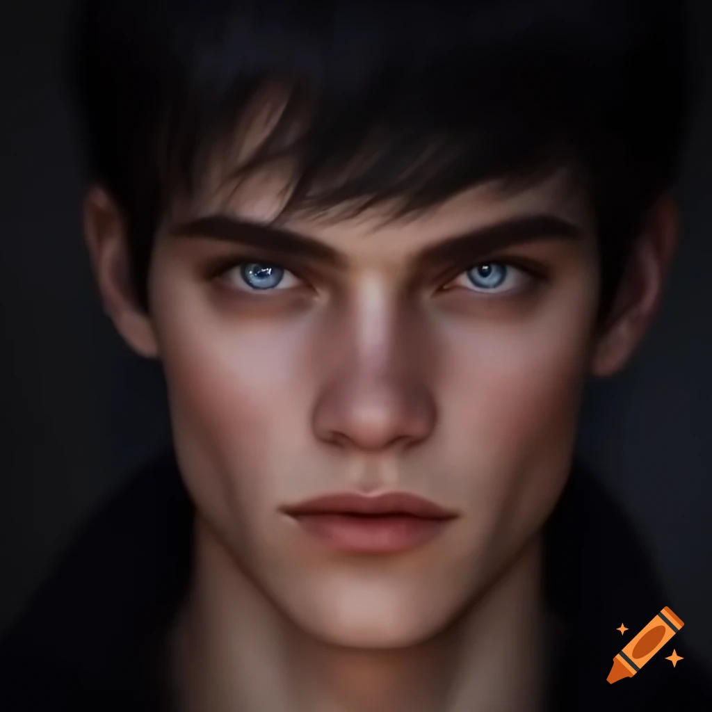 A man with blue hair golden eyes and pointed ears against a starry