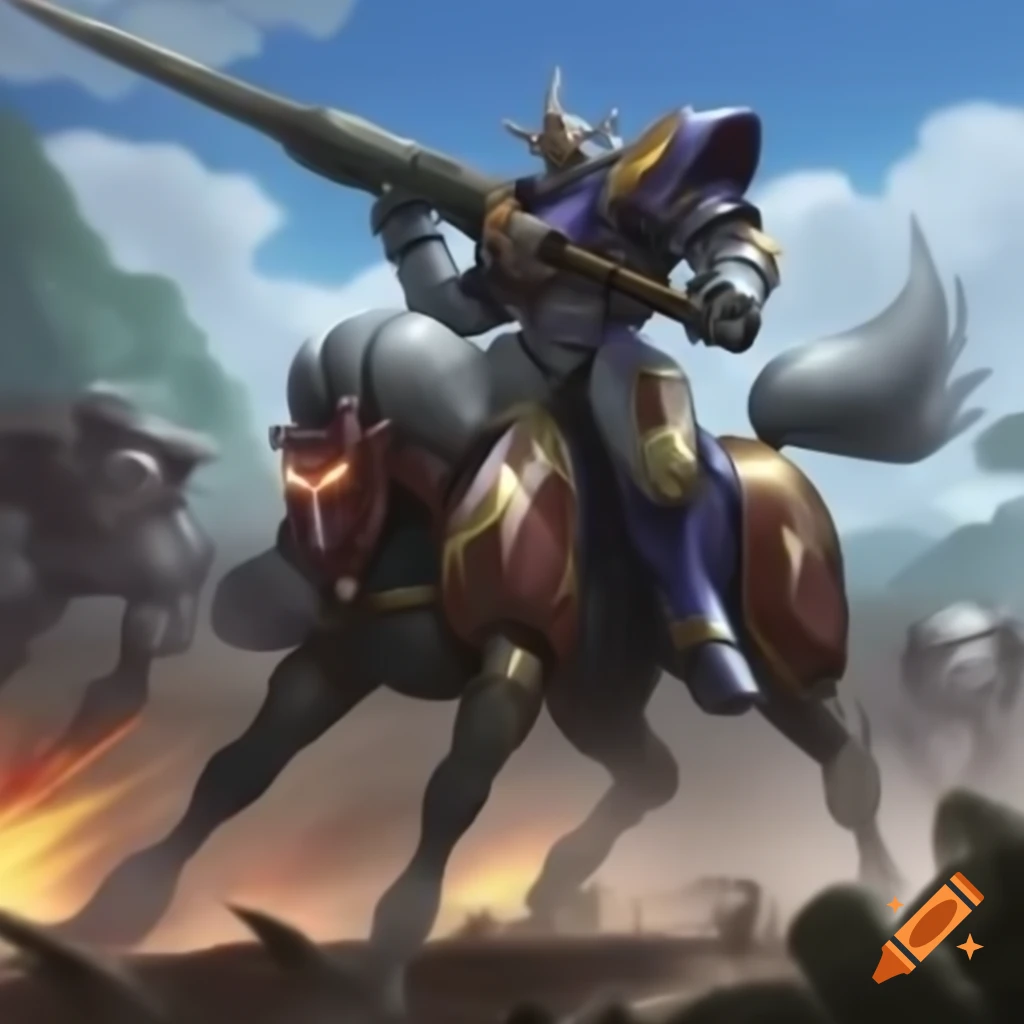 Futuristic mecha Guan Yu riding mecha horse raising spear in battle, anime style