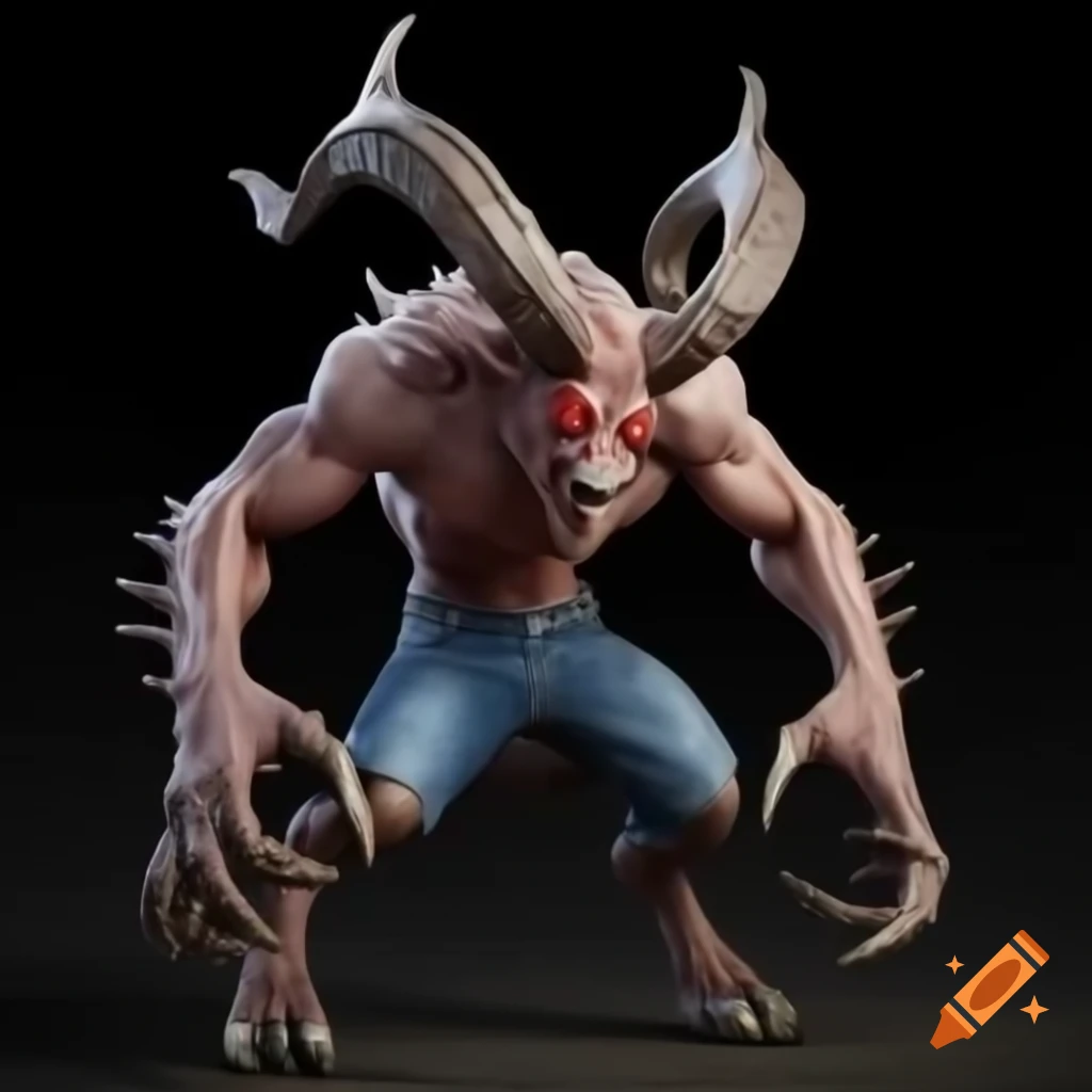 Muscular goat-headed demon with large horns and strong physique in standing posture