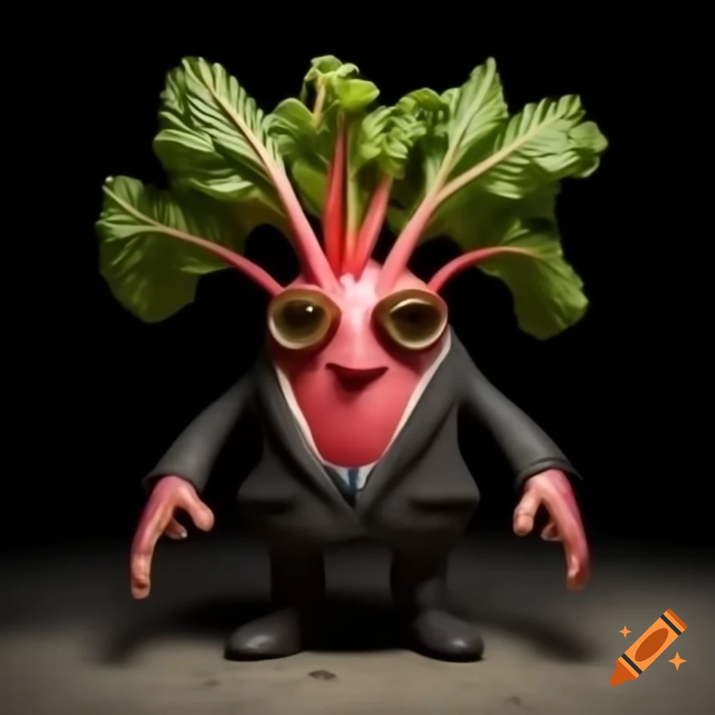 Realistic rhubarb character with eyes and limbs styled as a gangster