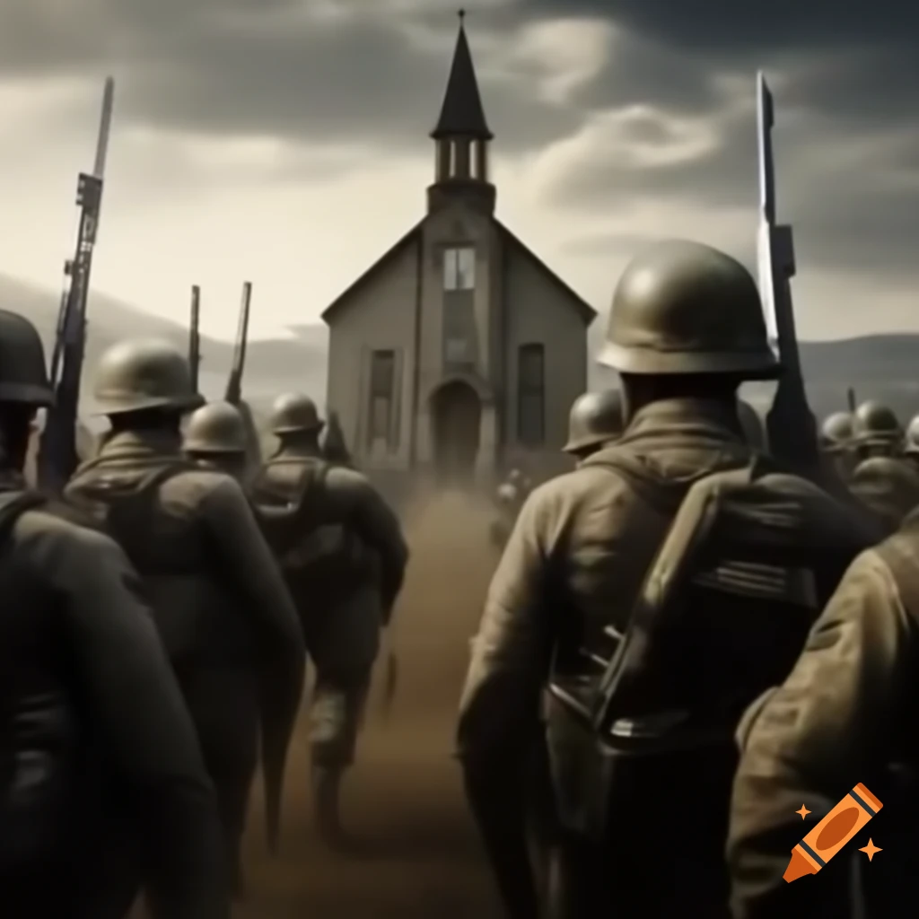 American soldiers defending church against zombies in hyper-realistic style