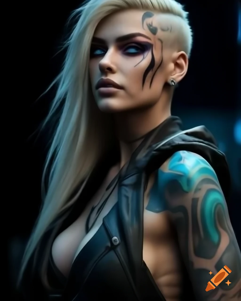 Cyberpunk female with tribal blue tattoo, blonde hair, and leather jacket