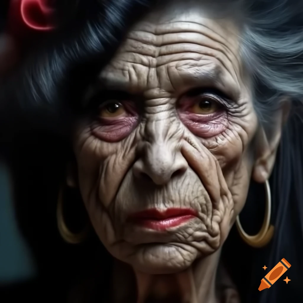 Demonic woman with features resembling Amy Winehouse in dark, horror setting