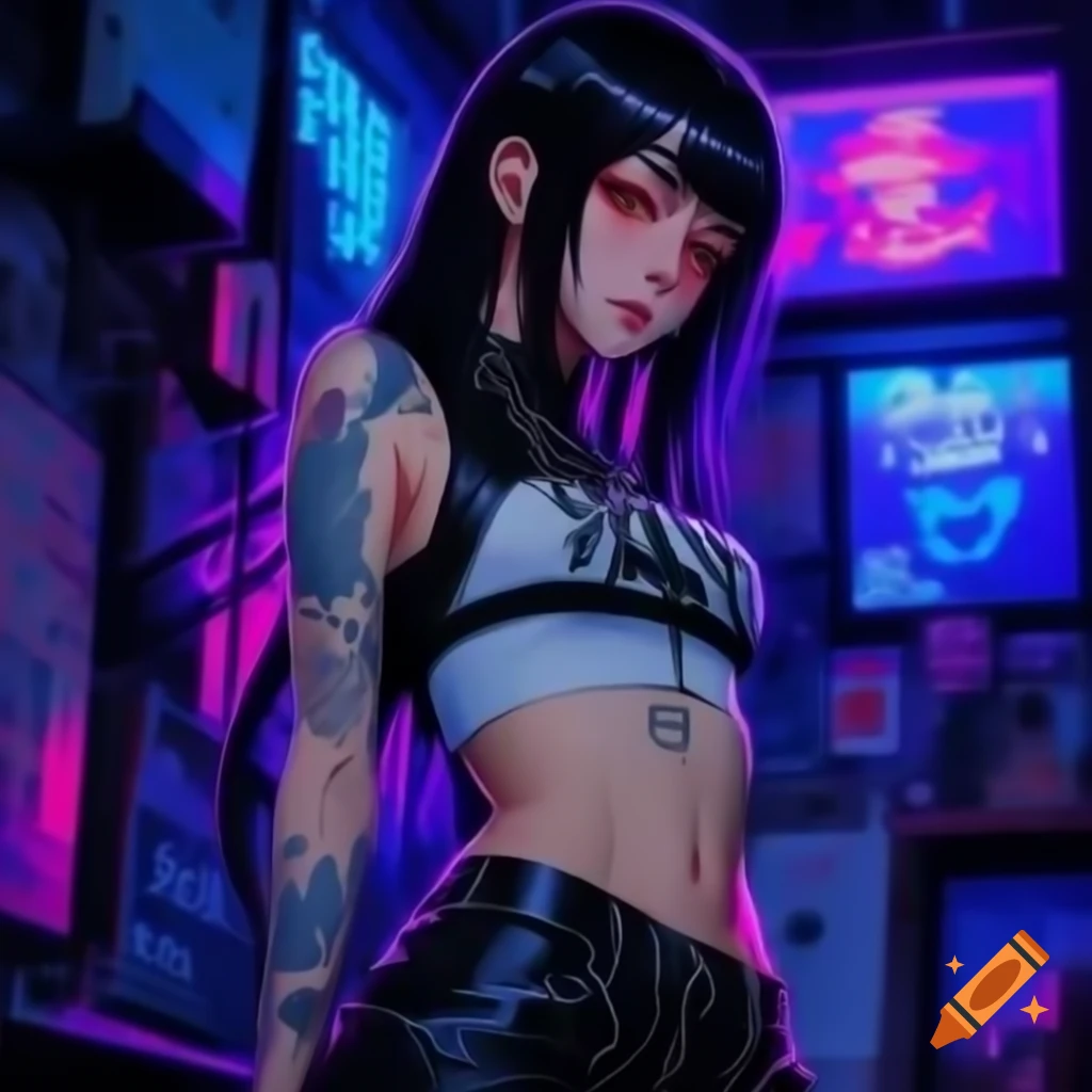 Punk-inspired young woman in dystopic fashion with black hair and crop top