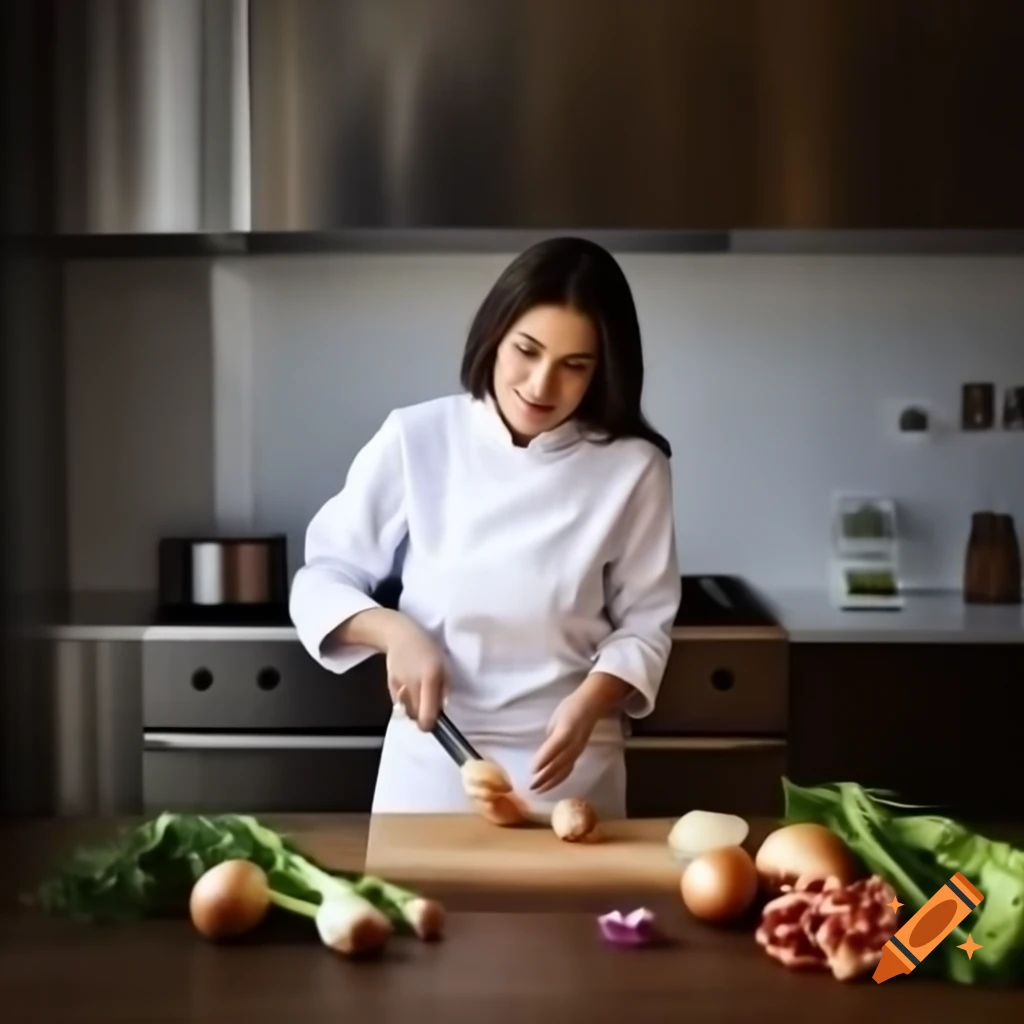 Brunette chef dicing onion in modern kitchen