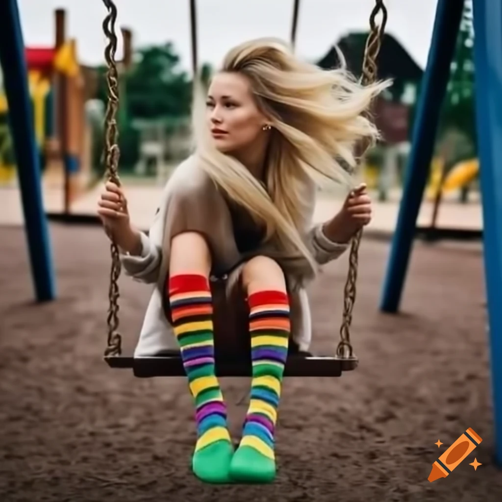 Woman with blonde braids swinging in playground, showcasing rainbow striped socks