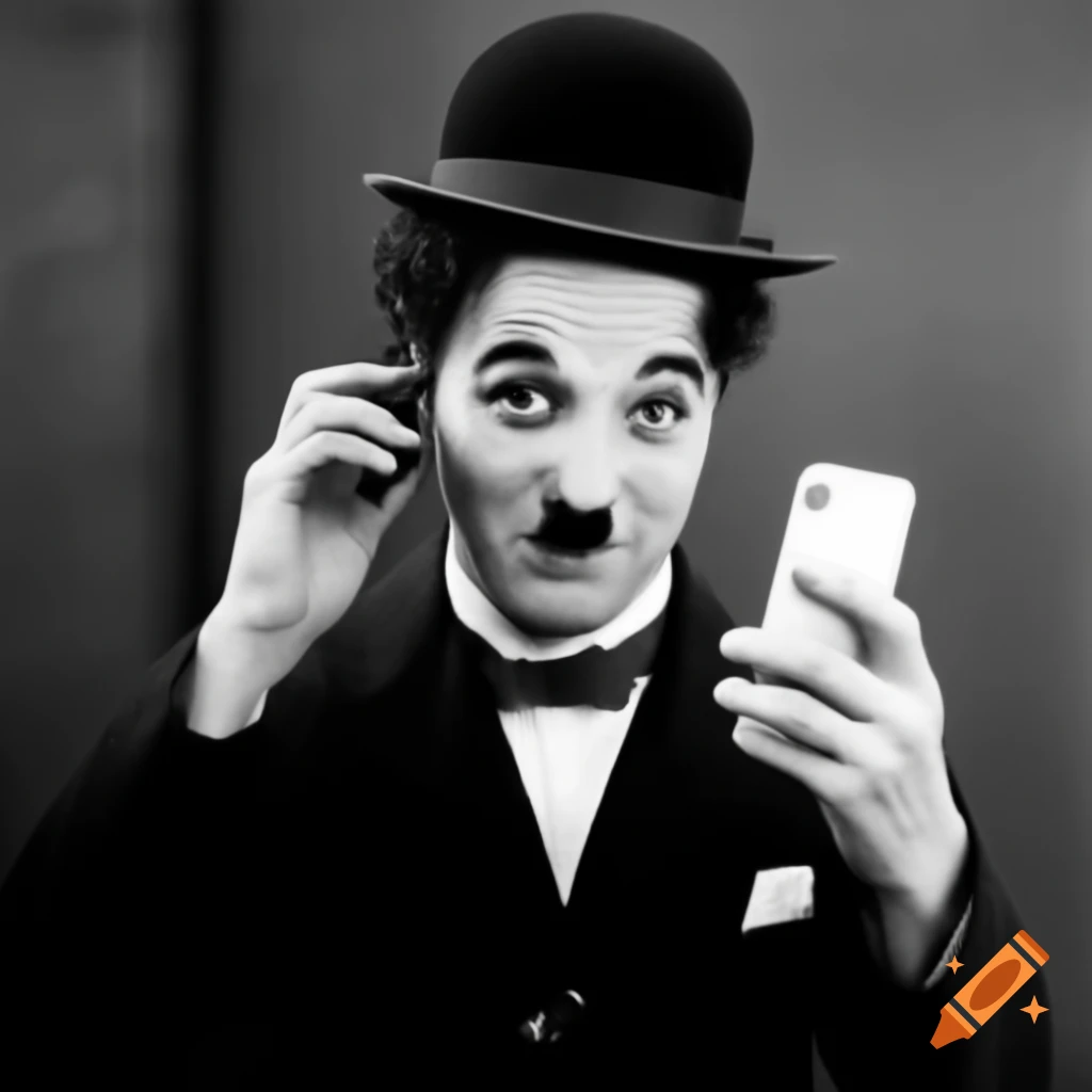 Happy character resembling Chaplin using smartphone