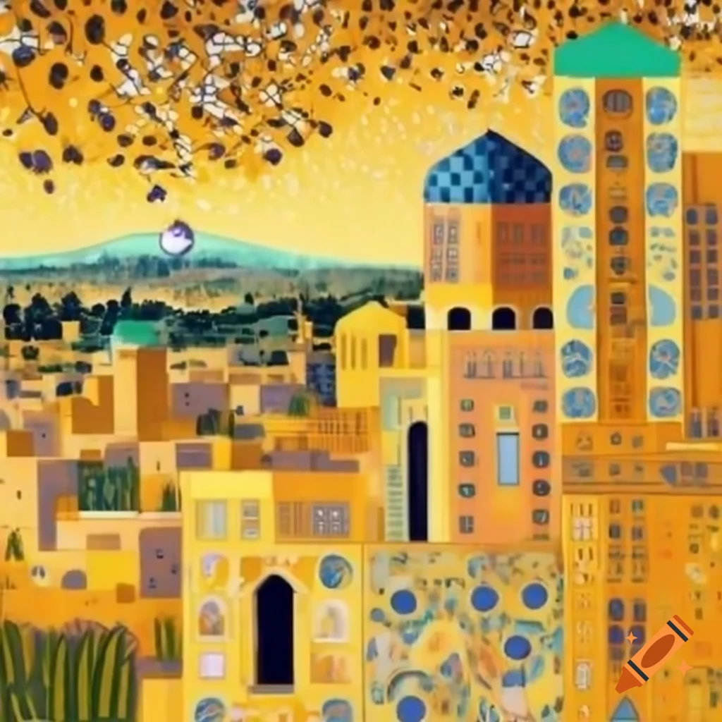 Shiraz city skyline depicted in Klimt's artistic style