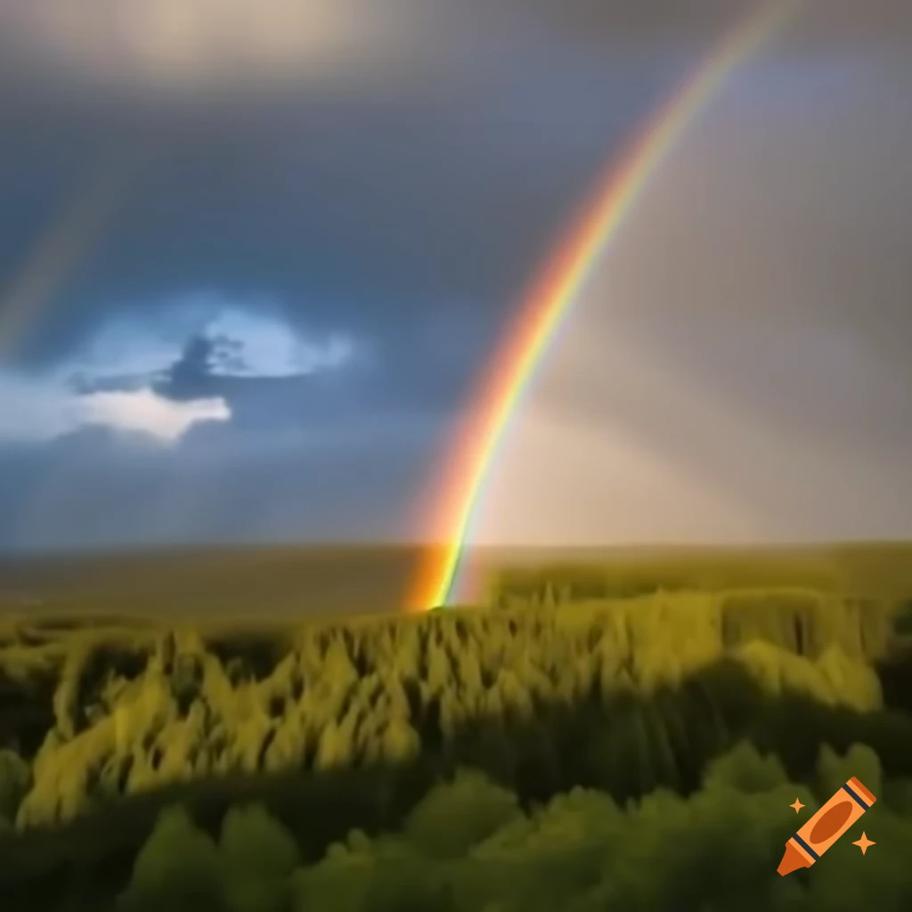 Majestic rainbow arching over a lush food forest on Craiyon