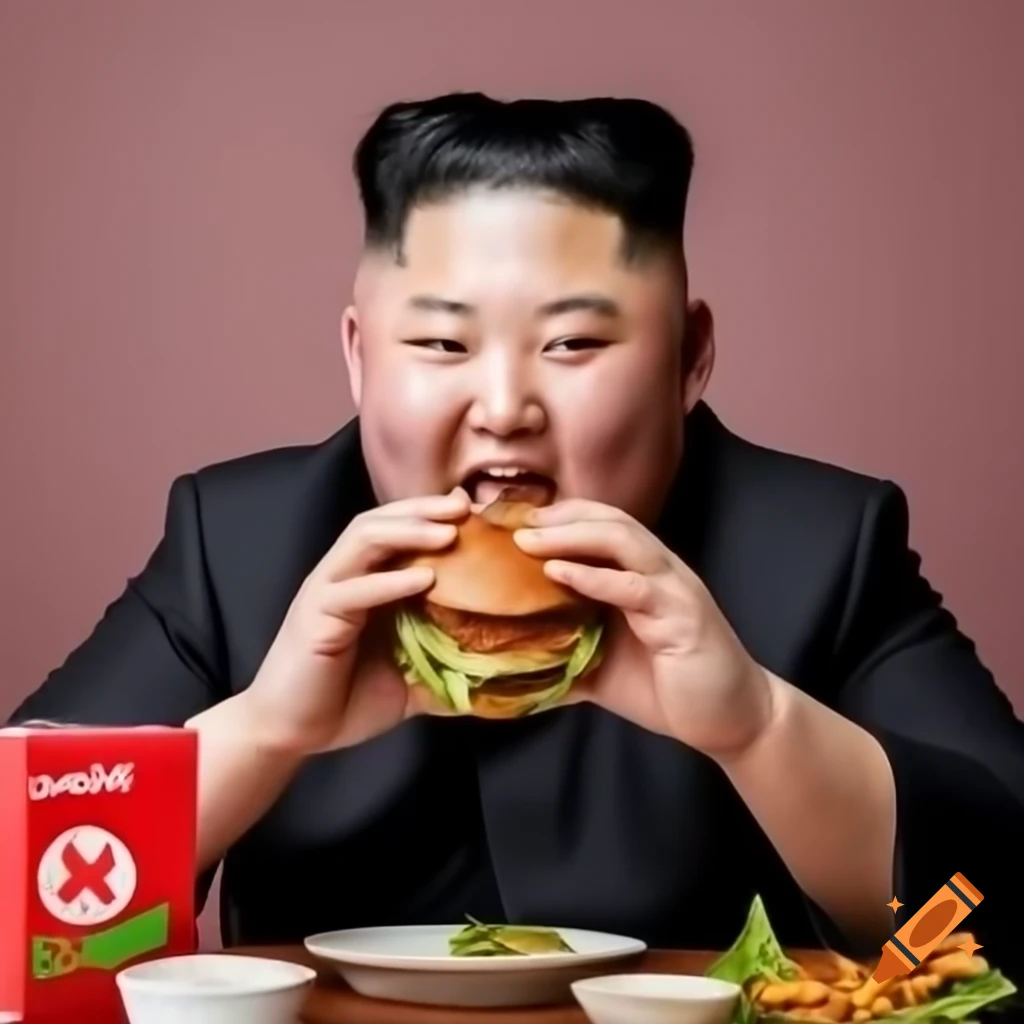 Political satire of kim jong un eating a hamburger on craiyon
