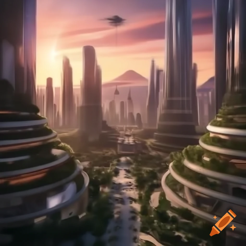 Futuristic cityscape at sunset with skyscrapers, rooftop gardens, and flying vehicles