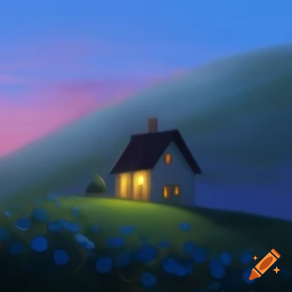 Renaissance-style painting of house on hill with evening light and flower garden