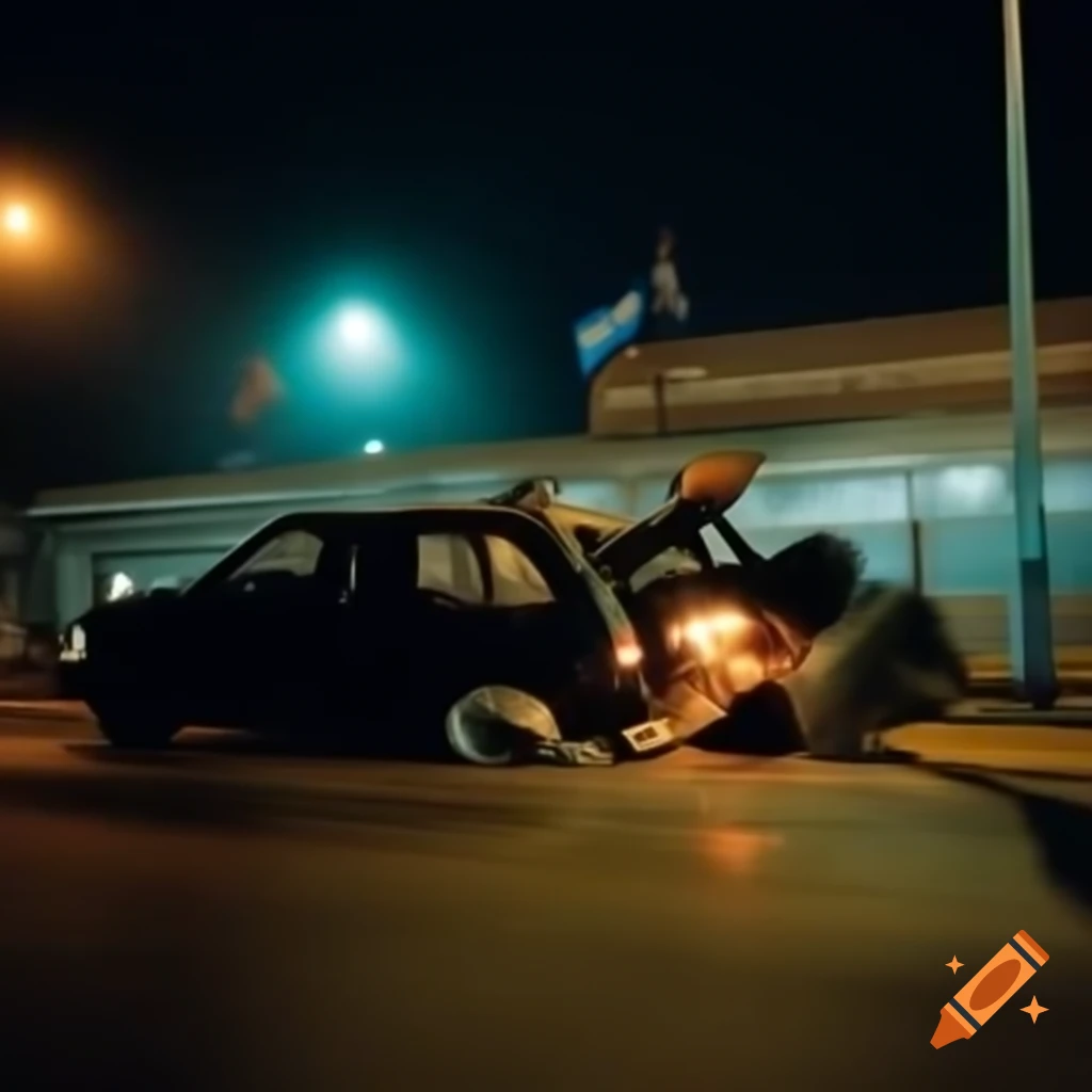 SUV collision with bent street light at night, Argentine flag in background