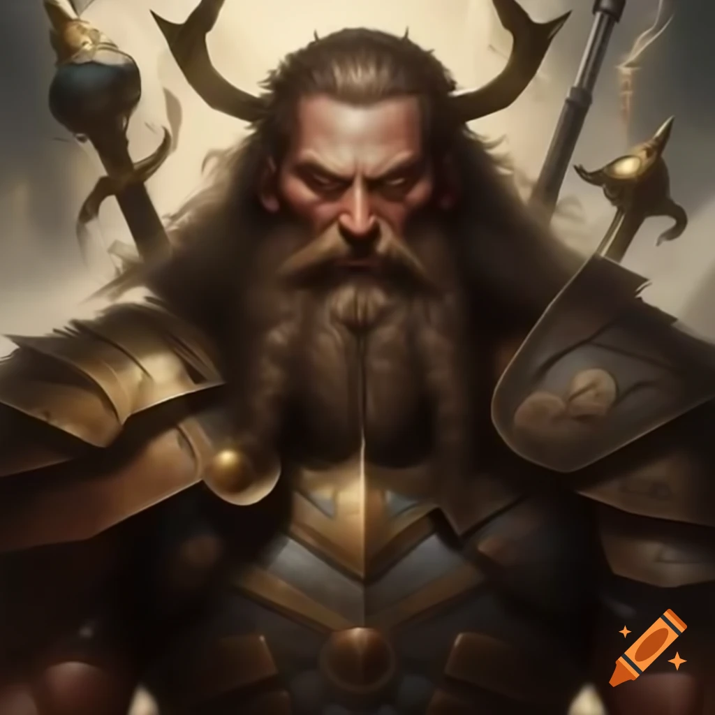 Imposing warrior with rugged features, scars, and gentle eyes