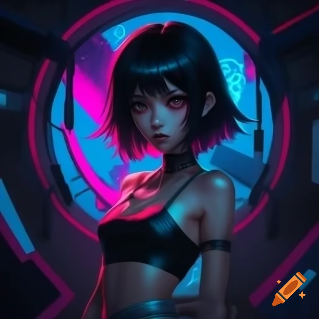 Punk-inspired young woman in dystopian fashion with black hair and low-rise pants