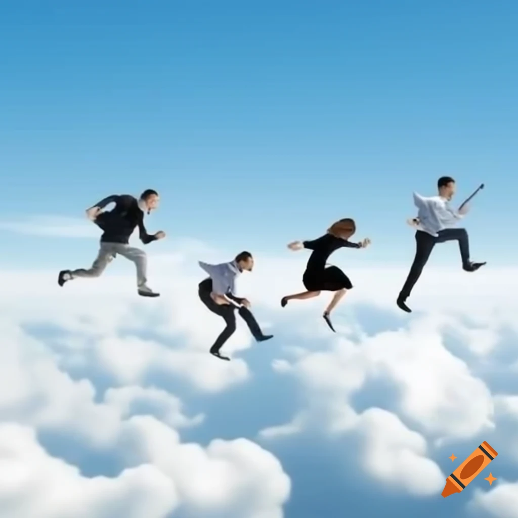 Colleagues collaborating in a surreal cloud environment, wide angle