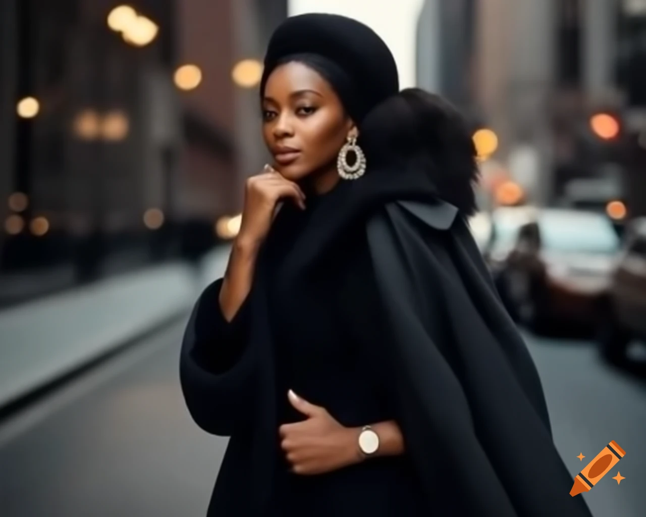 Elegant African American woman in stylish coat against urban landscape at night