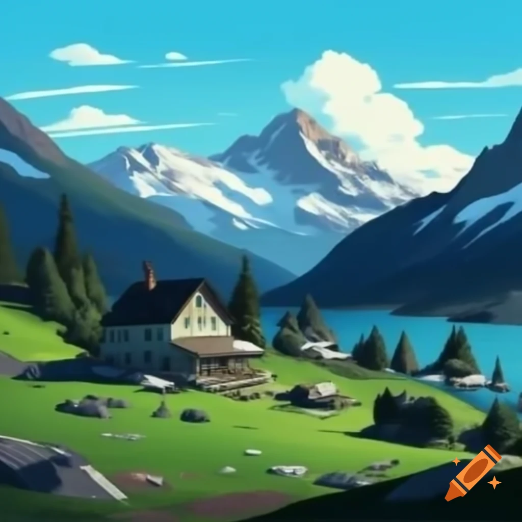 Home in mountains surrounded by snow, greenery, and a lake