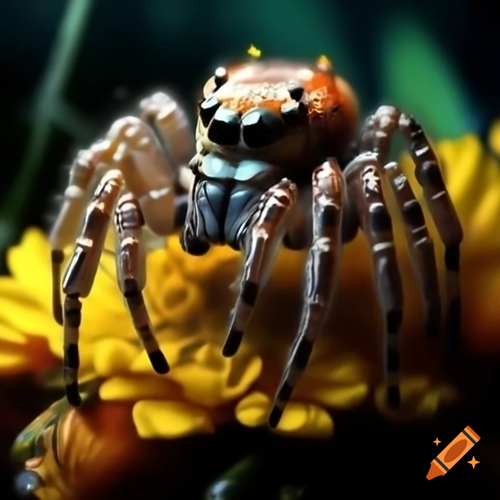 Super macro of glass spider on flower in forest, fantasy magic style