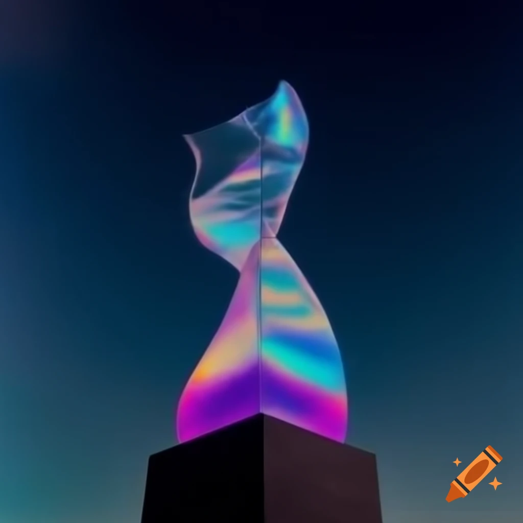 Pop surreal 2000's photography featuring iridescent glass statue against a bright night sky