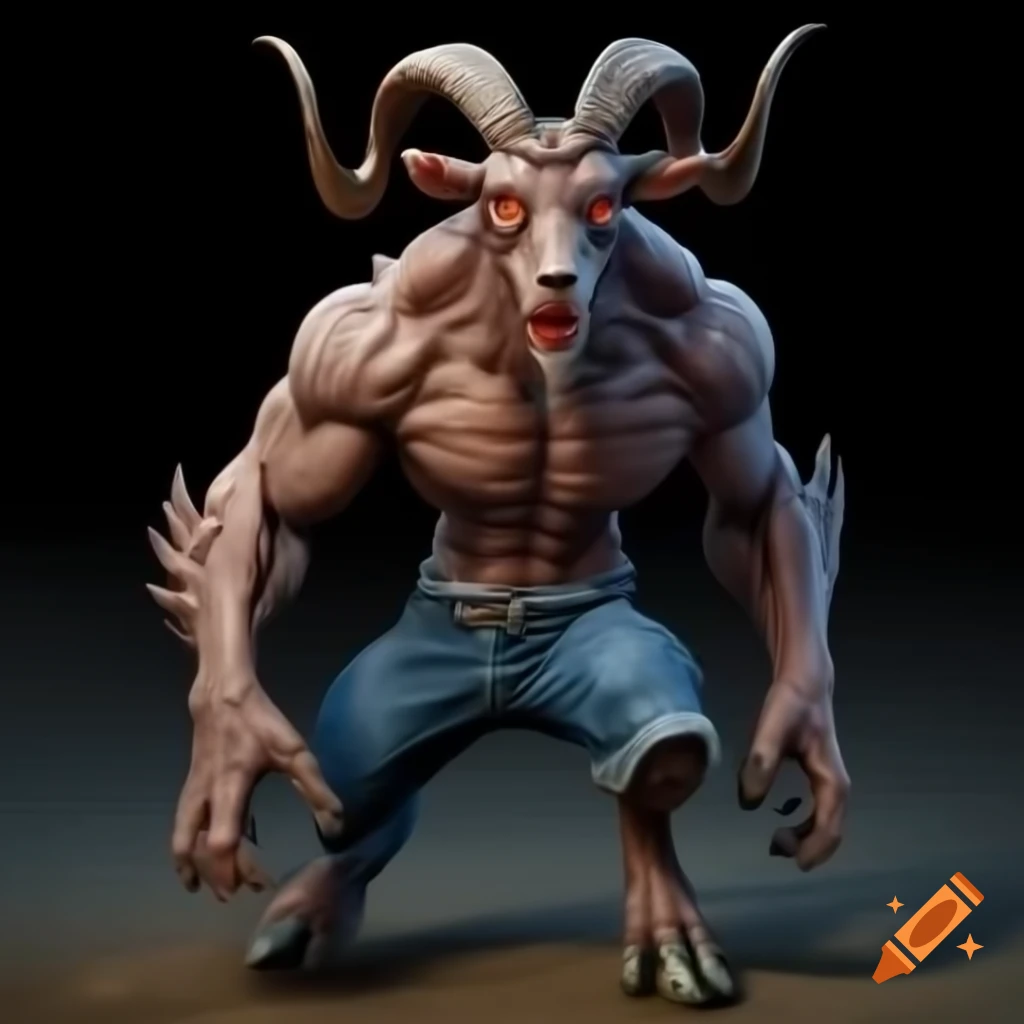 Muscular goat-headed demon with large horns and strong physique in standing posture