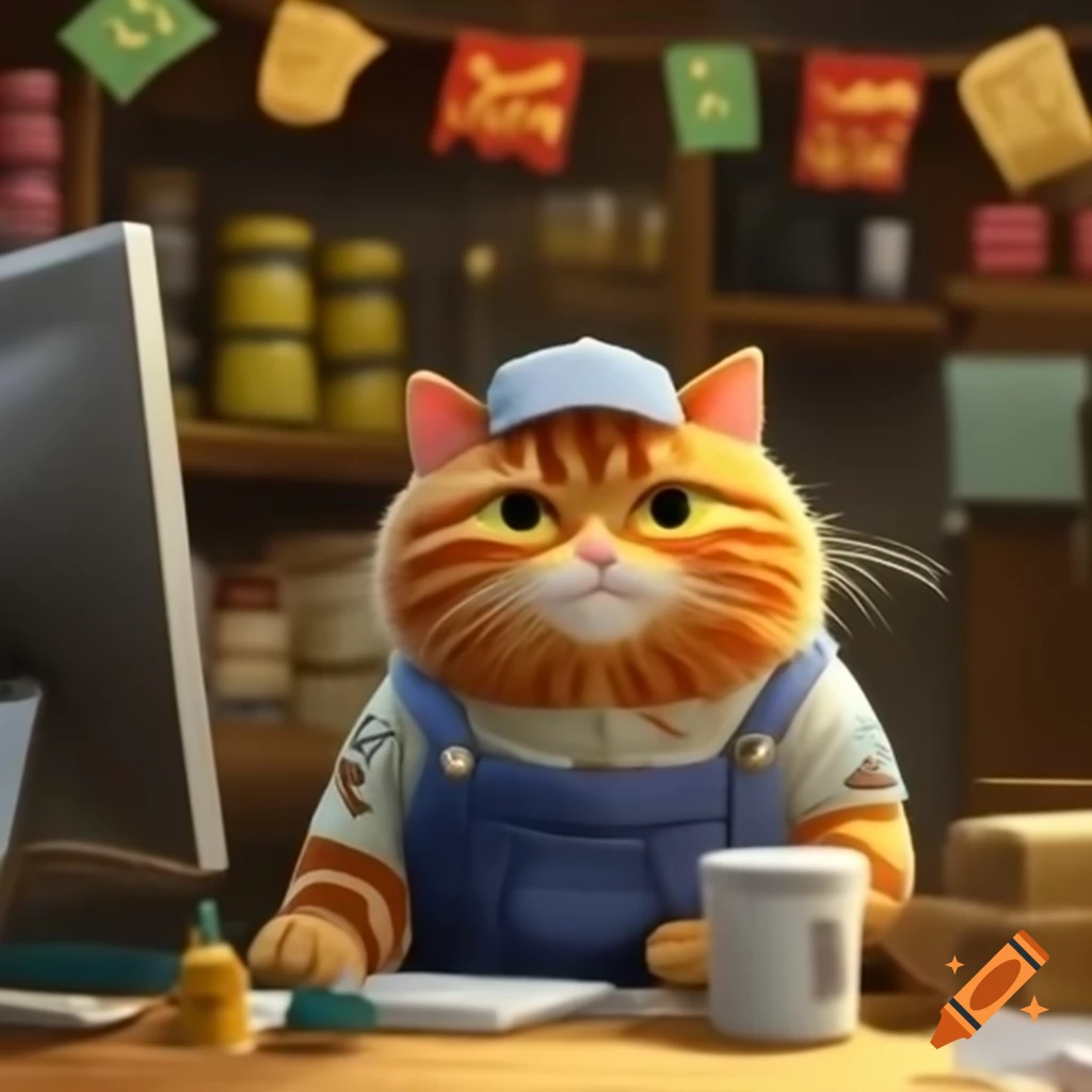 Orange cat dressed in cute clothing working in a sweet shop