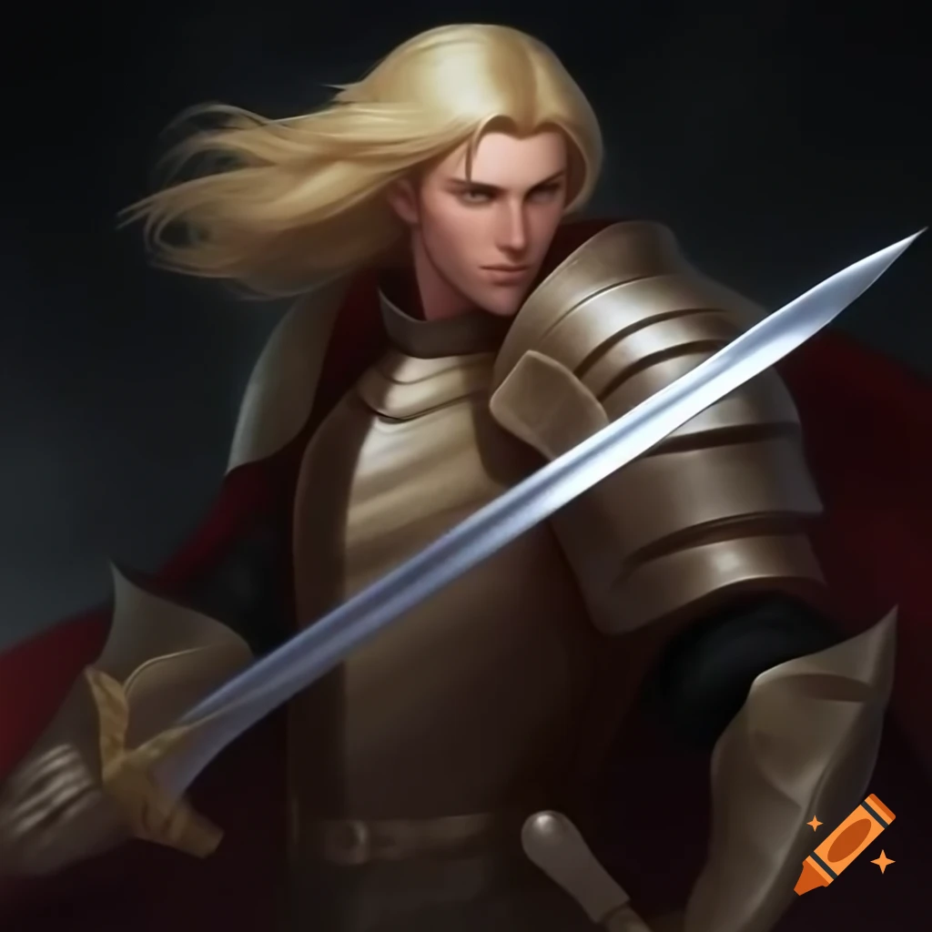 Sir Lancelot in full armor brandishing sword with flowing blonde hair