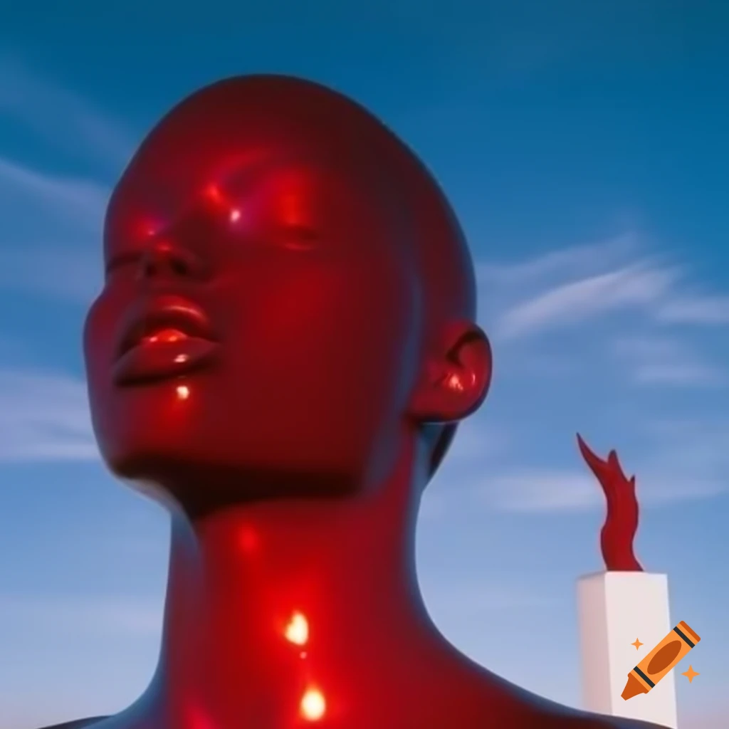 Pop surreal photography featuring red iridescent glass statue against bright sky