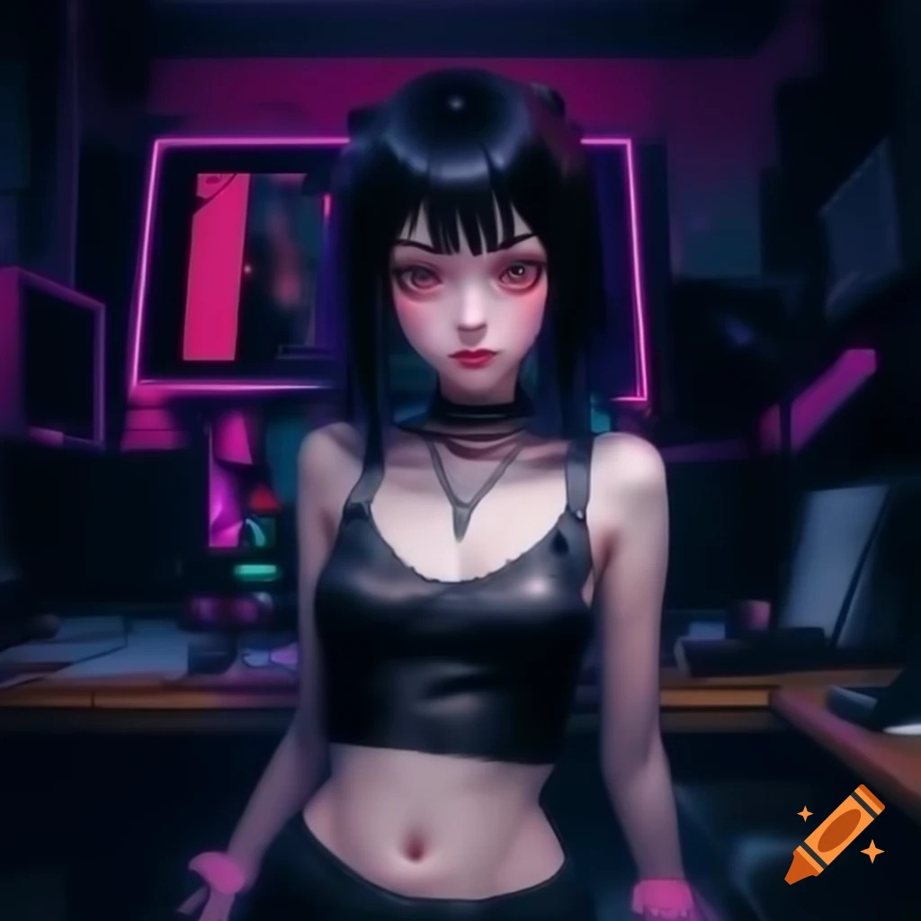 Punk-inspired young woman in dystopian fashion with lowrise pants and crop top