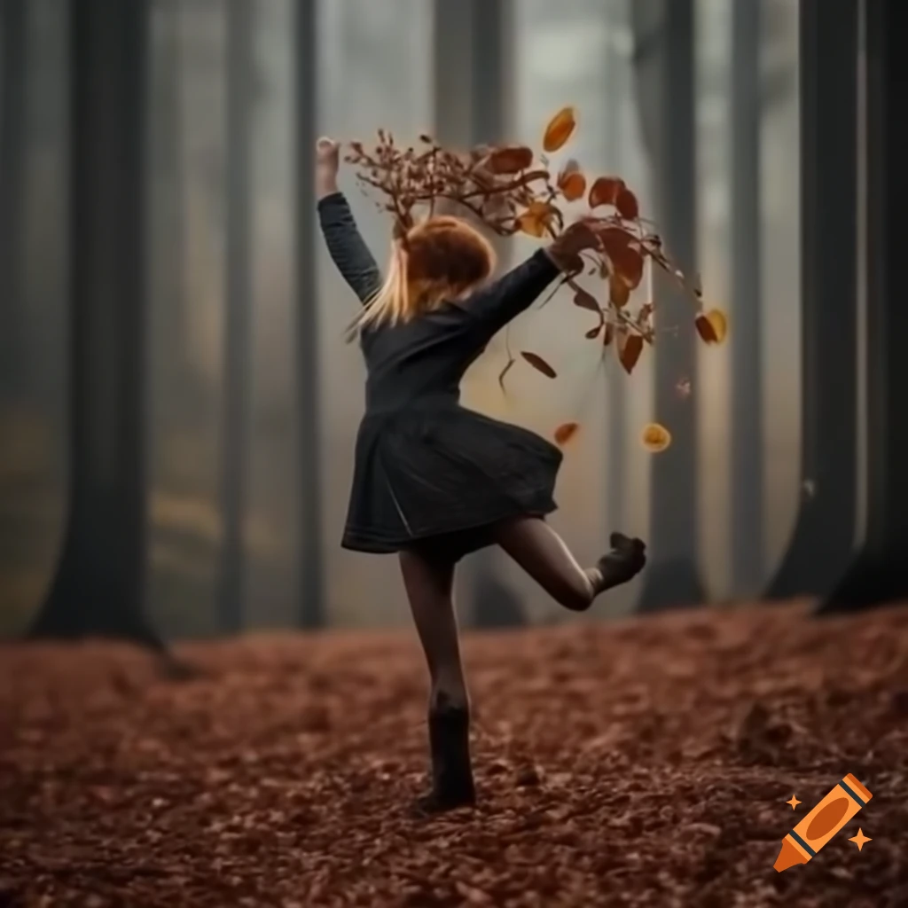 Woman dancing in autumn forest with falling leaves