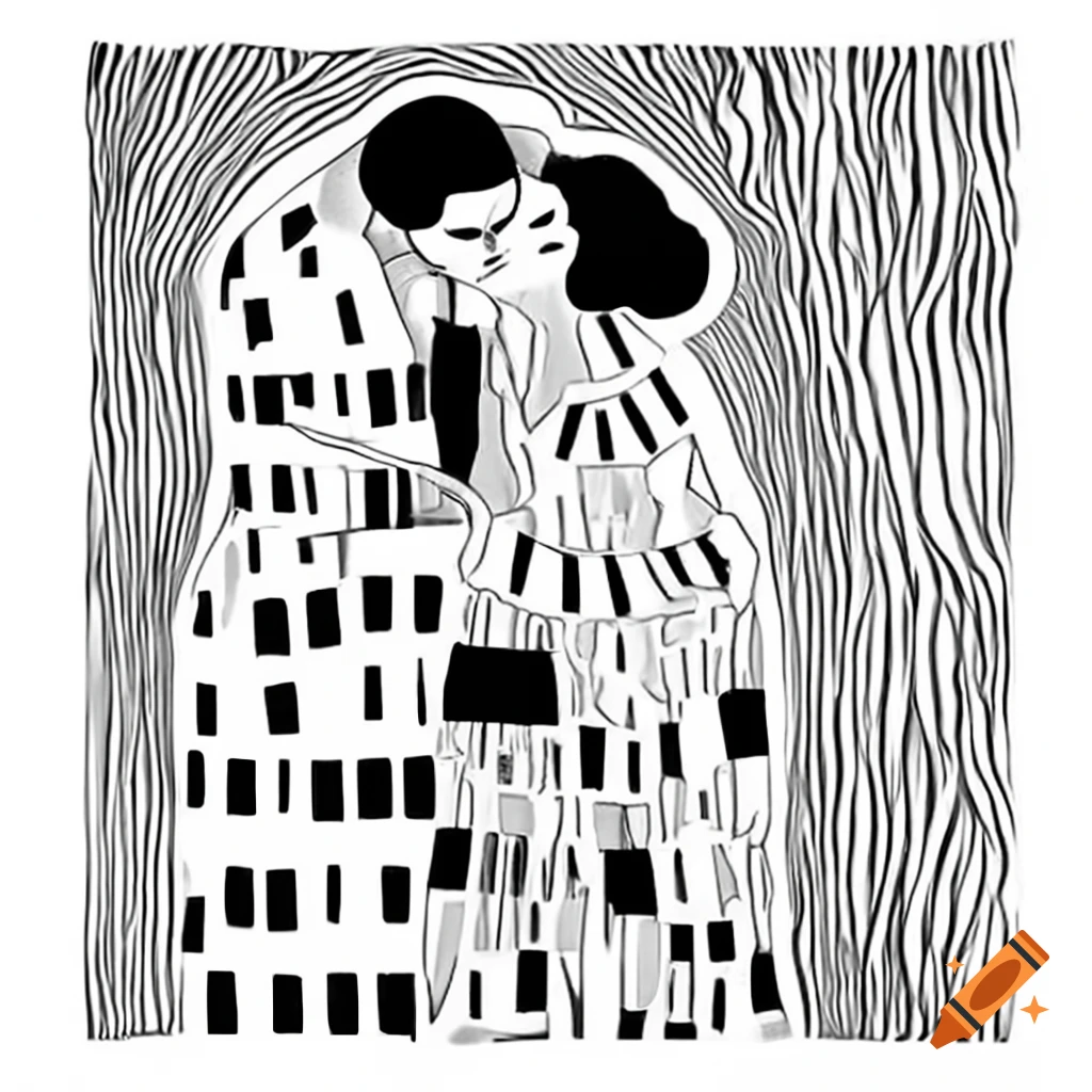 Black and white linocut of a couple kissing in Gustav Klimt style