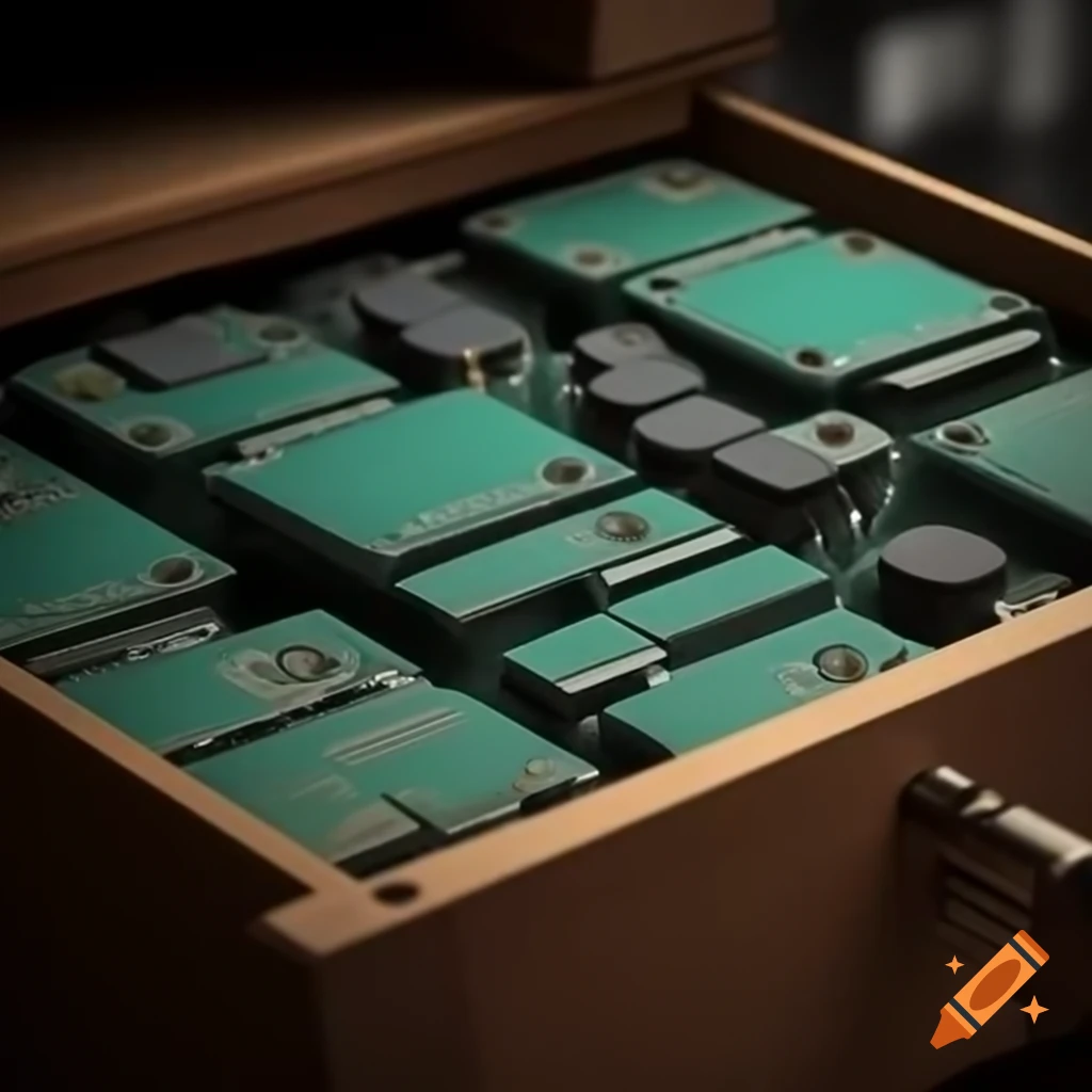 Heap of circuit boards in open wooden drawer