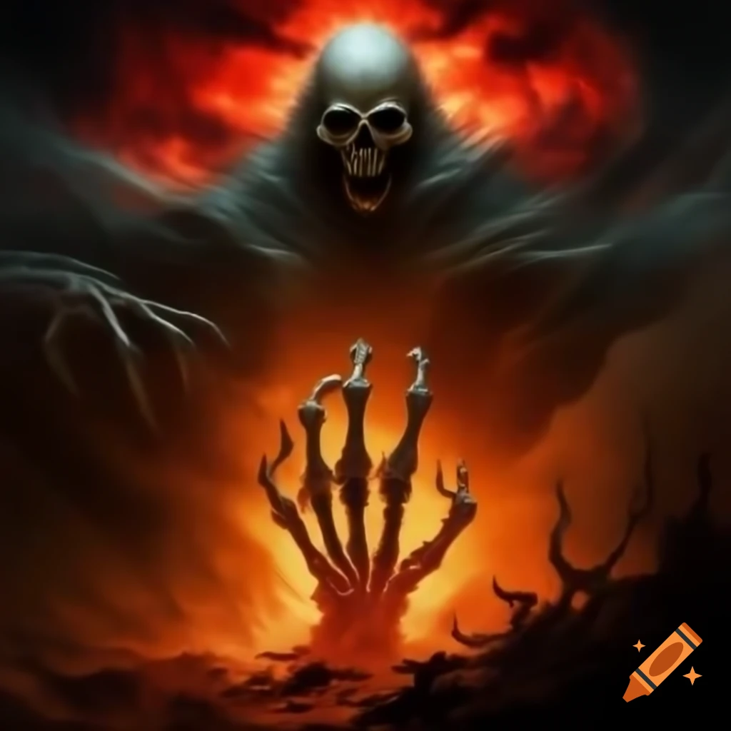 Skeletal hand of Death in crimson skies overlooking barren land with glowing eyes