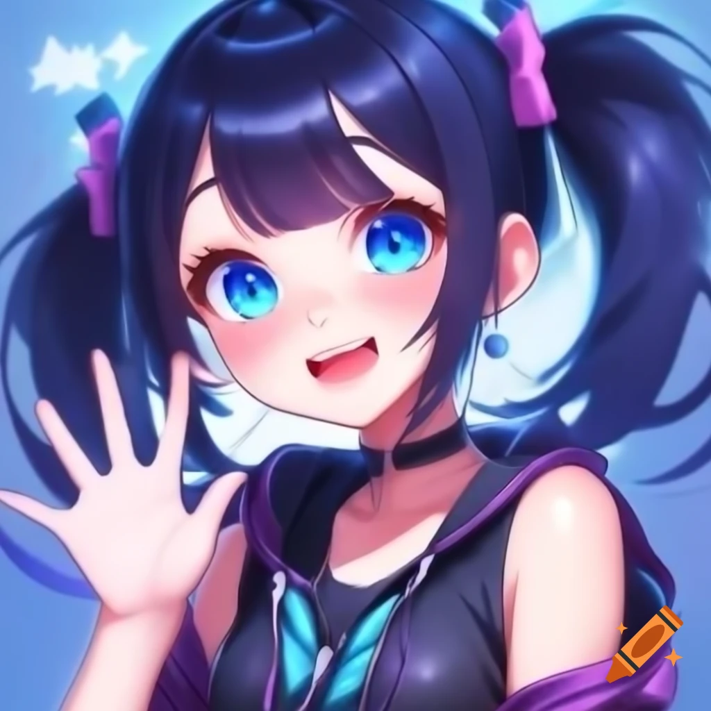 Anime girl with blue eyes and short hair, smiling and waving in punk style