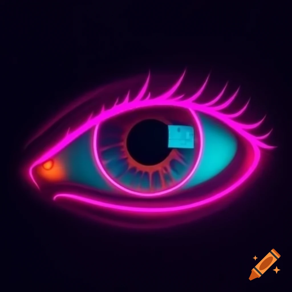 Retro futurist art with eye and neon lights in pop surreal style