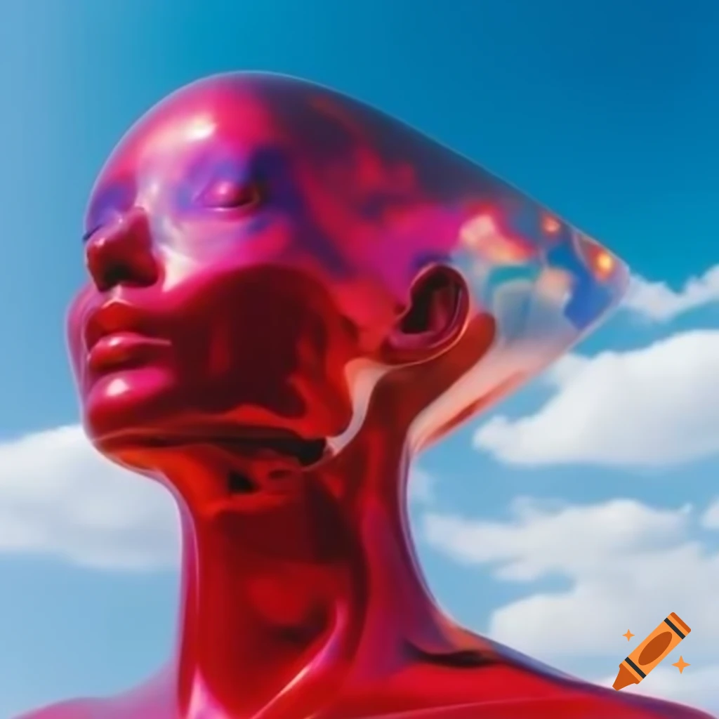 Red iridescent glass statue against bright sky in pop surreal style