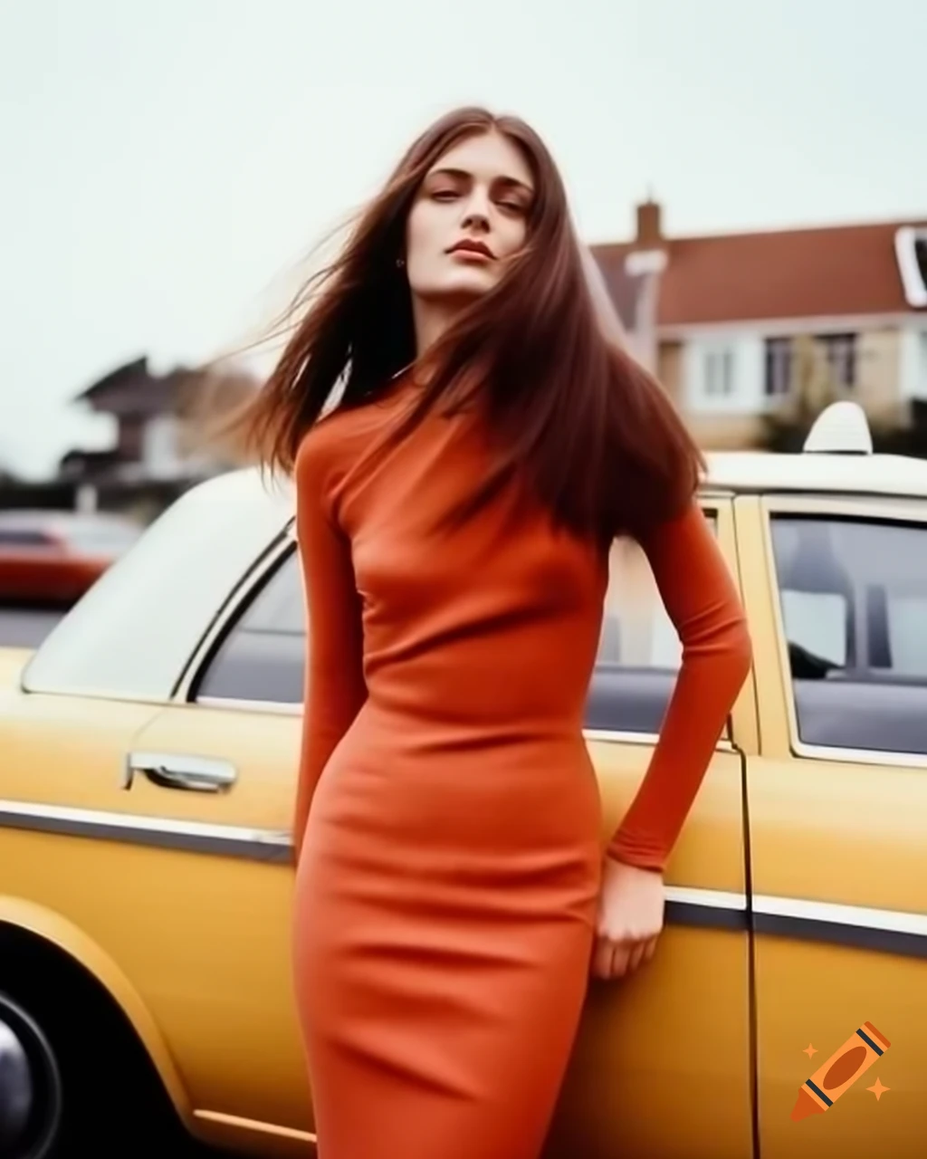 Woman in terracotta dress with long brown hair posing by taxi in 70s style