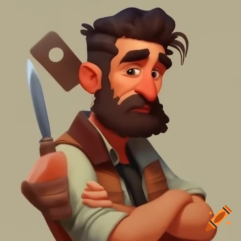 Cartoon of rugged man holding fixed blade pocket knife with drop point blade