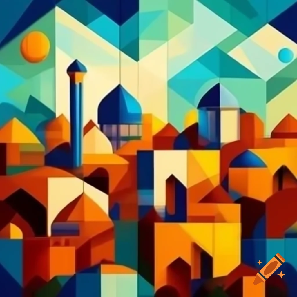 Geometric abstract oil painting of Shiraz city skyline